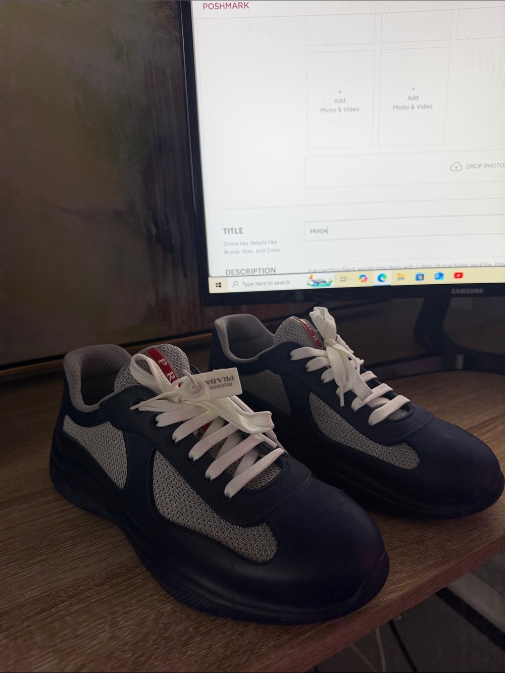 Prada Men’s Blue and White Leather-Trim Sneakers - Picture 9 of 15